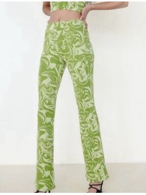Zara printed flare pants in a green and cream swirl pattern S